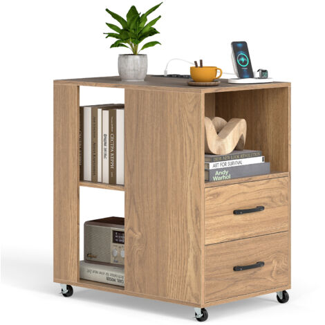 COSTWAY End Side Table Rolling Nightstand with Storage Drawers & Shelves-Natural