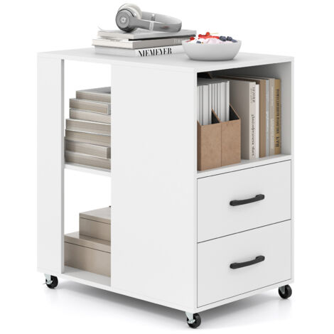 COSTWAY End Side Table Rolling Nightstand with Storage Drawers & Shelves-White