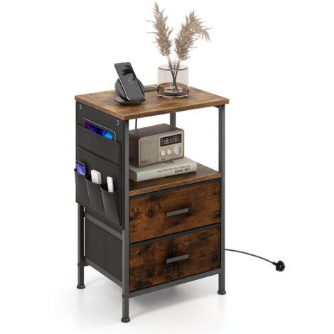 COSTWAY End Table Nightstand with Charging Station Industrial Bedside Table W/ 2 Drawers