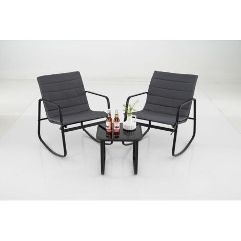 COSTWAY Ensemble Bistrot à Bascule d'Extérieur 3 Pièces, Salon de Jardin avec Table en Verre Trempé Cadre en Métal et Coussins Doux, Ensemble de Mobilier pour Balcon Jardin (Accoudoirs Intégrés)