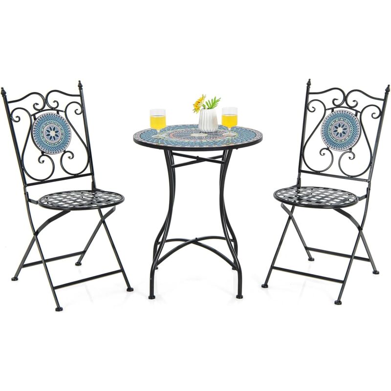 Ensemble Bistrot pour Patio 3 Pièces en Métal à Motif Mosaïque, Salle à Manger avec Table Ronde et 2 Chaises Pliantes, Ensemble Salon de Jardin pour