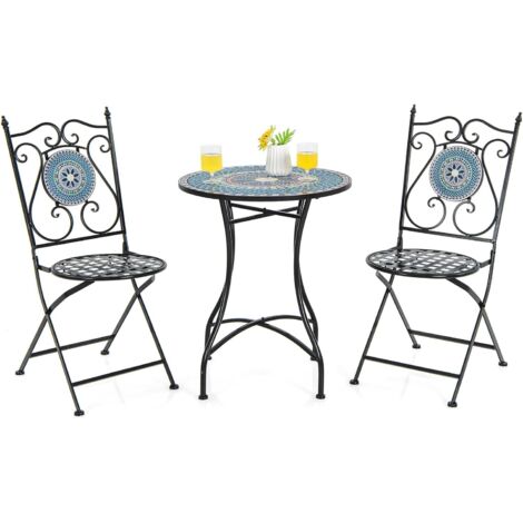 COSTWAY Ensemble Bistrot pour Patio 3 Pièces en Métal à Motif Mosaïque, Salle à Manger avec Table Ronde et 2 Chaises Pliantes, Ensemble Salon de Jardin pour Intérieur Extérieur (Bleu)