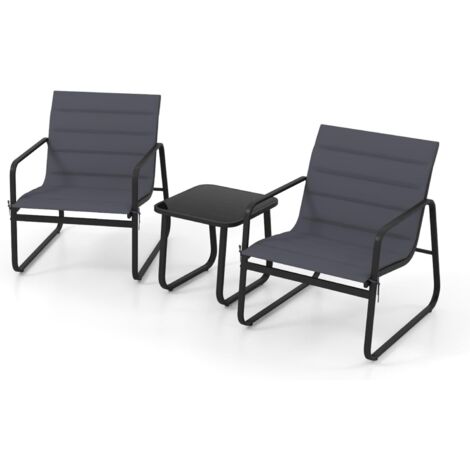 COSTWAY Ensemble Bistrot pour Patio 3 Pièces, Table et Chaises avec Coussins Amovibles et Plateau en Verre Trempé, Salon de Jardin en Métal avec Sièges Respirants, pour Patio Véranda