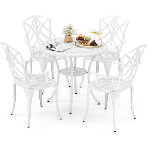 COSTWAY Ensemble Bistrot pour Patio 5 Pièces en Fonte d'Aluminium, Table Ronde avec Trou pour Parasol et 4 Chaises, Salon de Jardin Résistant aux Intempéries pour Jardin Terrasse, Blanc (Modèle 1)