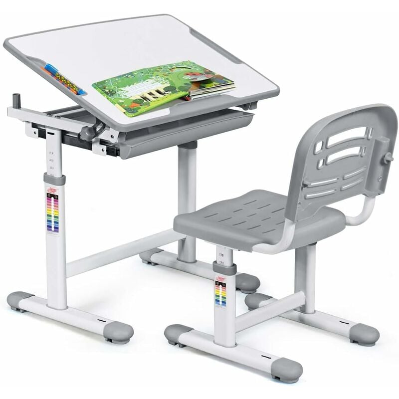 Ensemble bureau et Chaise pour Enfant Etudiant Ensemble Table Chaise Hauteur Réglable avec Tiroir Inclinables Gris - Costway