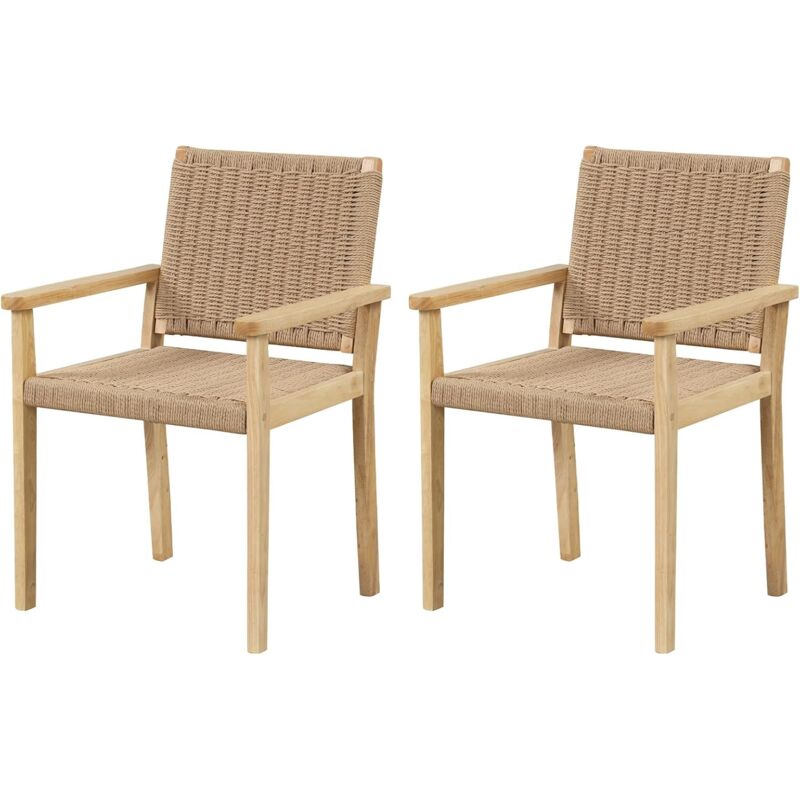 Costway - Ensemble de 2 Chaises de Jardin avec Cadre en Bois Massif, Chaises de Salle à Manger pour Patio avec Siège en Corde Tressée, Chaises