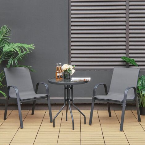 Costway – Ensemble de jardin 3 pièces – 2 fauteuils ergonomiques en acier et tissu – Table basse en verre trempé 60x60cm – Pour balcon et terrasse