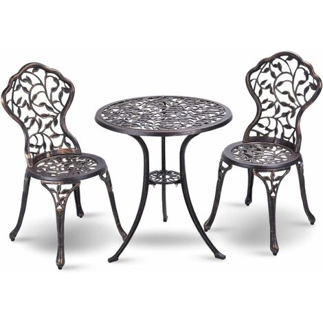 Costway – Ensemble de jardin 3 pièces en fonte aluminium – 2 chaises et table ronde 60x65cm – Motif feuille rétro – Résistant aux intempéries