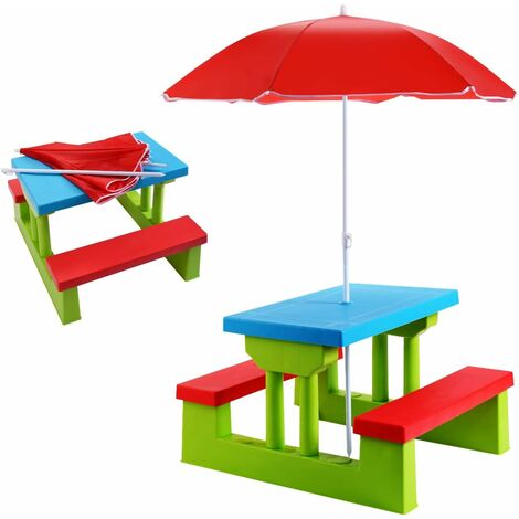 COSTWAY Ensemble de Jardin pour Enfants Table et 2 Bancs avec Parasol Table d'Activité Exterieur