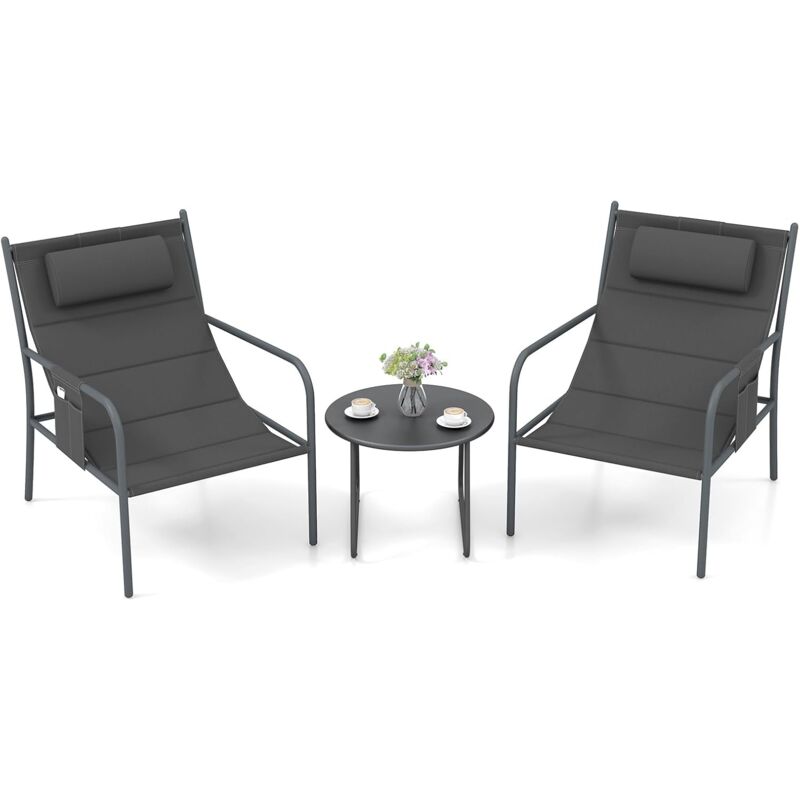 Costway - Ensemble de Meubles 3 Pcs de Patio Cadre en Métal Charge 150KG, Salon de Jardin 2 Chaises 1 Table Basse avec Tissu Respirant et Appui-Tête,