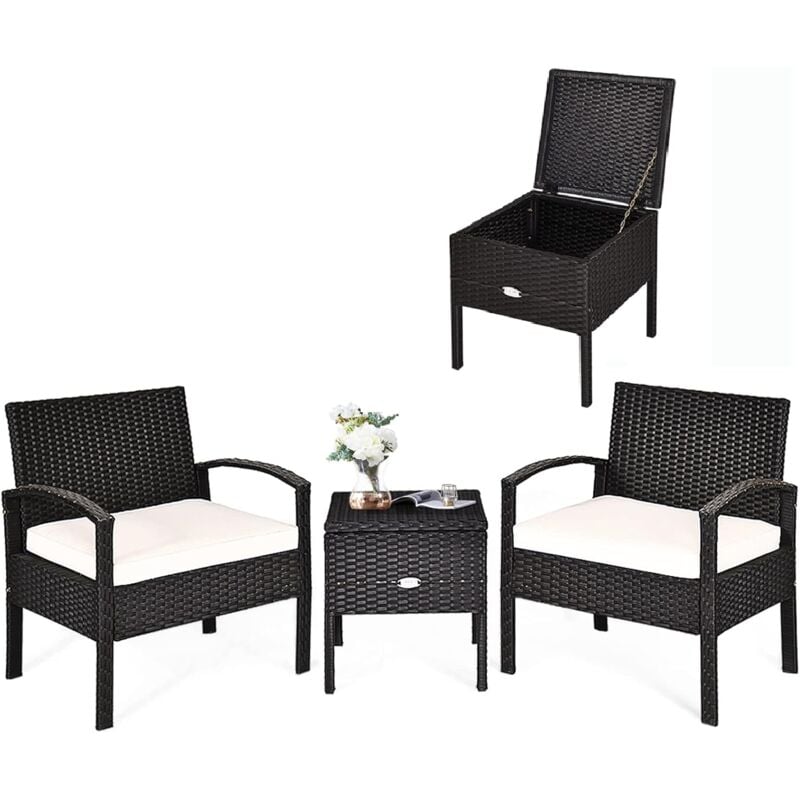 Ensemble de Meubles 3 Pcs de Patio en Rotin Charge 160KG, Salon de Jardin 2 Fauteuils Table Basse Rangement Caché avec Coussins Lavables Accoudoirs