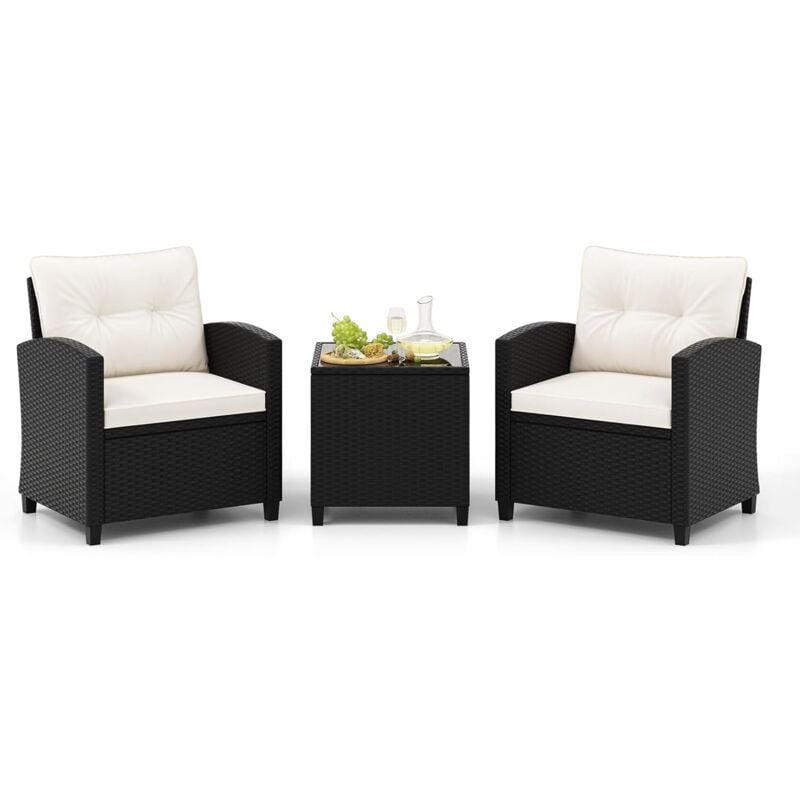 Ensemble de Meubles 3 Pièces de Patio en Rotin Charge 180KG, Salon de Jardin 2 Fauteuils Table Basse avec Plateau en Verre Trempé 4 Coussins