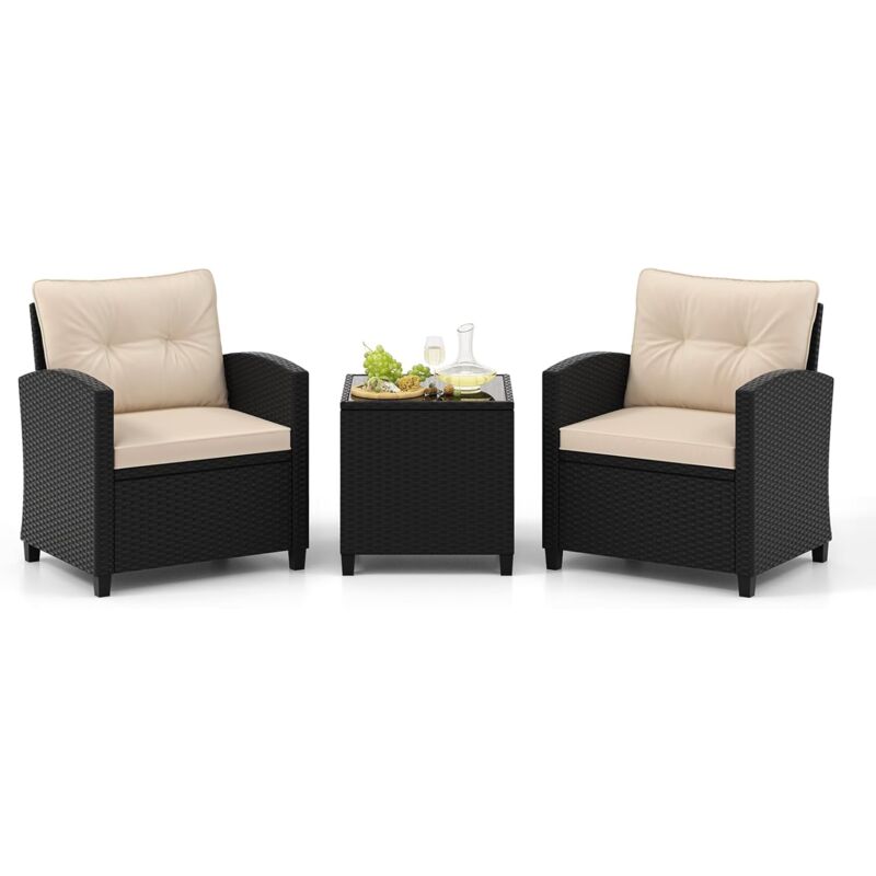 Ensemble de Meubles 3 Pièces de Patio en Rotin Charge 180KG, Salon de Jardin 2 Fauteuils Table Basse avec Plateau en Verre Trempé 4 Coussins