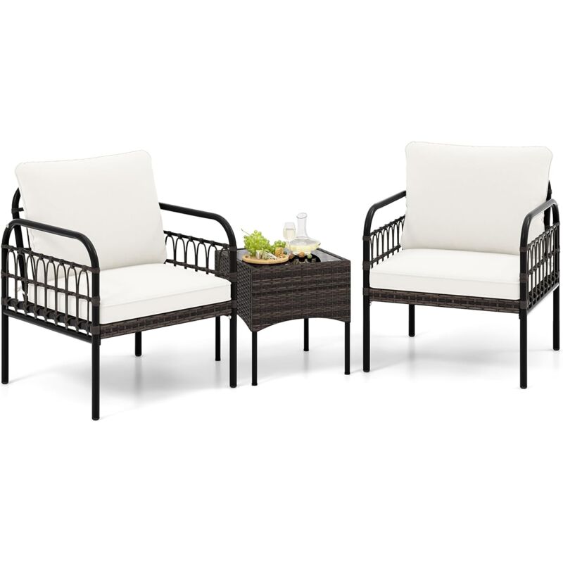 Ensemble de Meubles 3 Pièces de Patio en Rotin Charge 180KG, Salon de Jardin 2 Fauteuils Table Basse en Verre Trempé avec Coussins Lavables