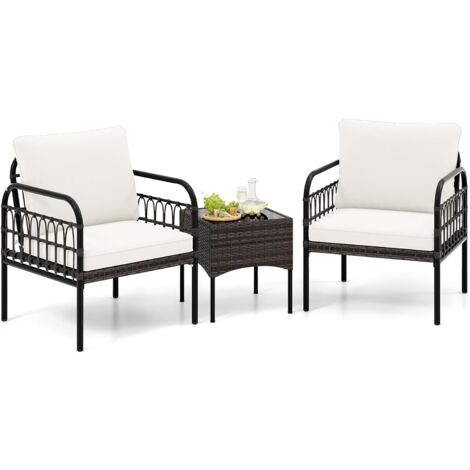 COSTWAY Ensemble de Meubles 3 Pièces de Patio en Rotin Charge 180KG, Salon de Jardin 2 Fauteuils Table Basse en Verre Trempé avec Coussins Lavables Accoudoirs pour Jardin Balcon, Blanc