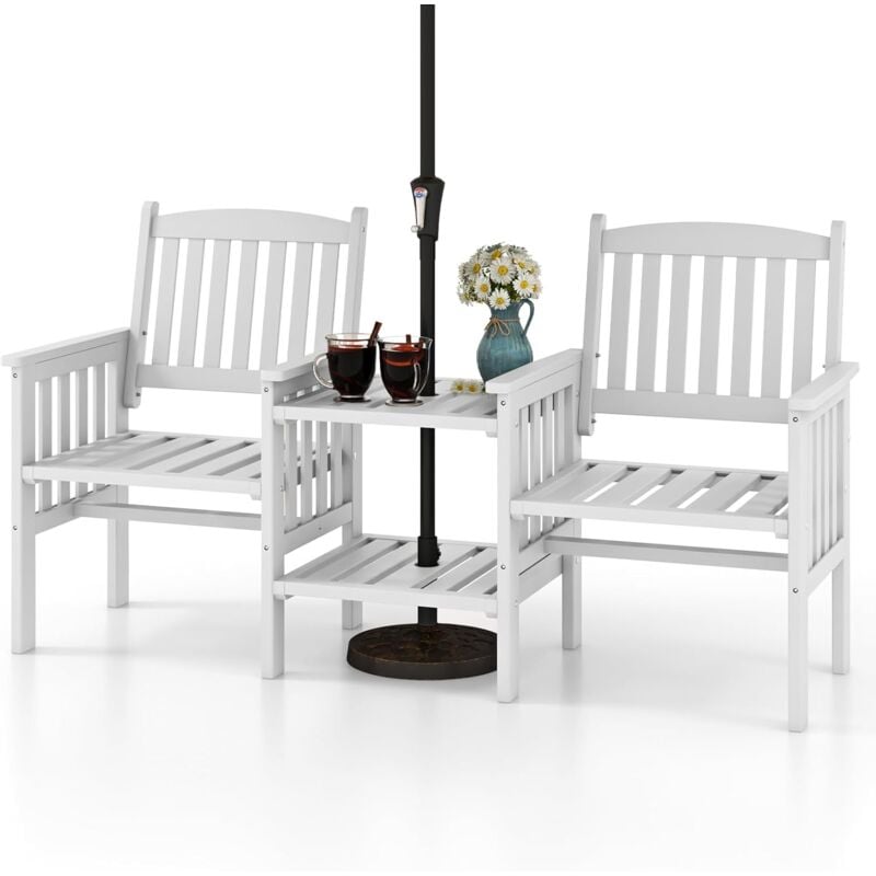 COSTWAY Ensemble de Meubles de Patio 2 Places en Bois de Sapin, Salon de Jardin avec 2 Chaises à Lattes Table Basse et Trou pour Parasol de 5 cm,