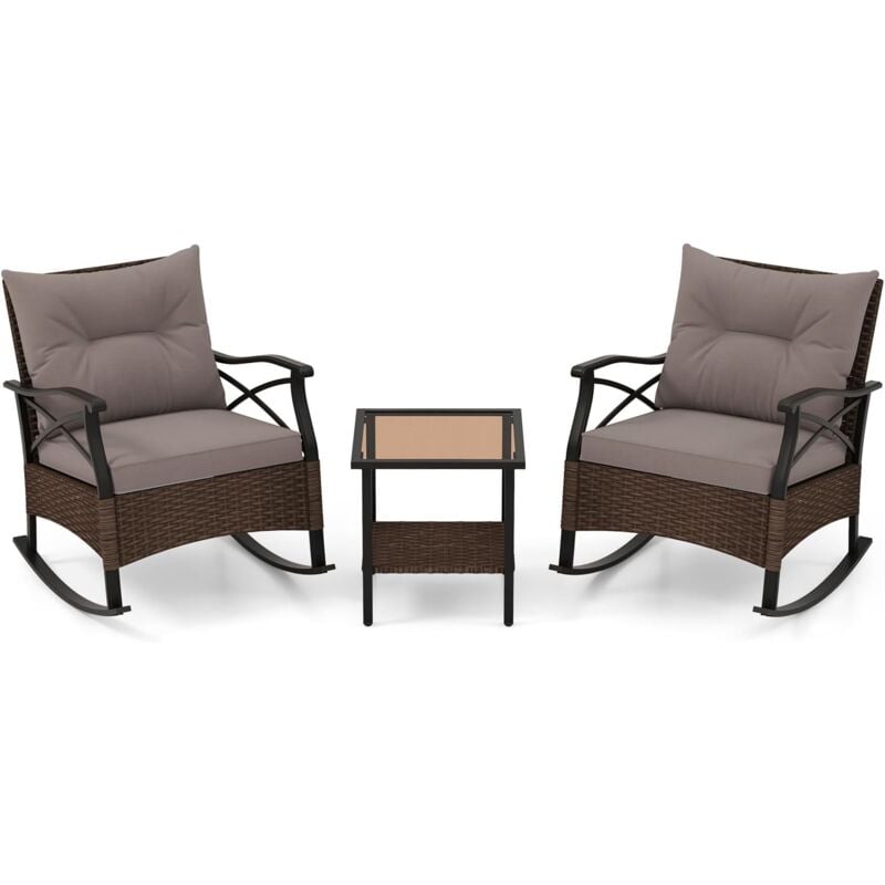 Ensemble de Meubles de Patio 3 Pièces, Salon de Jardin en Rotin avec 2 Chaises à Bascule et 1 Table Basse Plateau en Verre Trempé Coussins Doux,