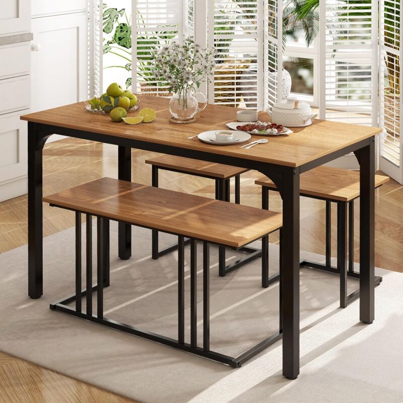 Ensemble de Table à Manger 4 Pièces, Table à Manger Industrielle avec Banc et 2 Tabourets pour 4 Personnes, avec Structure en Métal Antirouille, pour