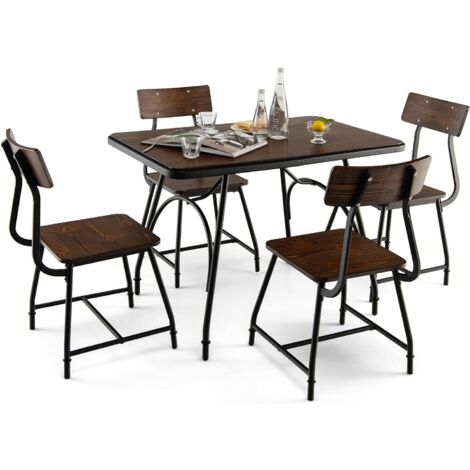 COSTWAY Ensemble de Table à Manger 5 Pièces, Table de Cuisine Rectangulaire et 4 Chaises pour 4 Personnes, avec Structure en Métal, pour Cuisine, Coin Repas, Restaurant, Marron (1 Table+4 Chaises)