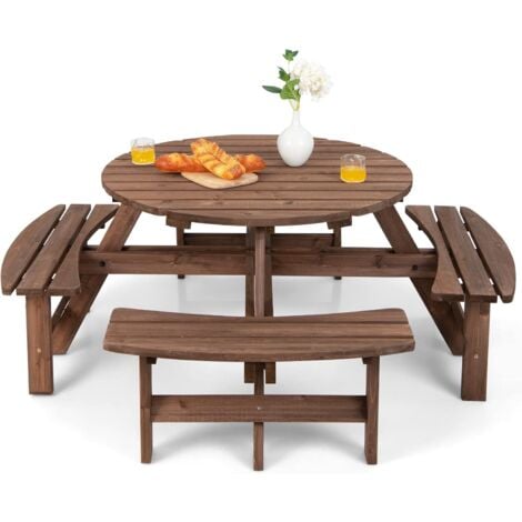 COSTWAY Ensemble de Table et 4 Bancs de Jardin, 8 Personnes en Sapin Verni, Table de Pique-Nique avec Trou de Parasol
