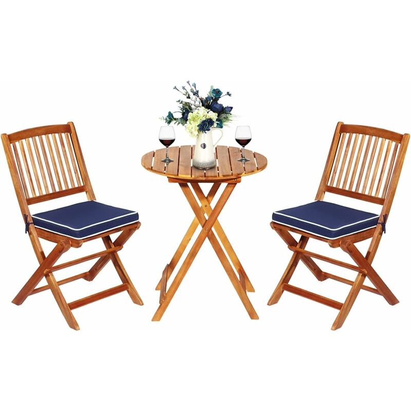 Ensemble de Table et Chaises en Bois d'Acacia, Comprenant 1 Table et 2 Chaises, Coussins Rembourrés, Ensemble de Mobilier de Terrasse pour Intérieur