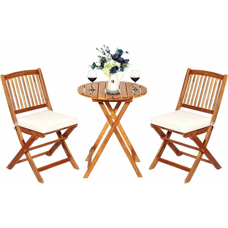 COSTWAY Ensemble de Table et Chaises Pliable, avec 2 Chaises et 1 Table Ronde en Bois d’Acacia pour Intérieur et Extérieur, Naturel