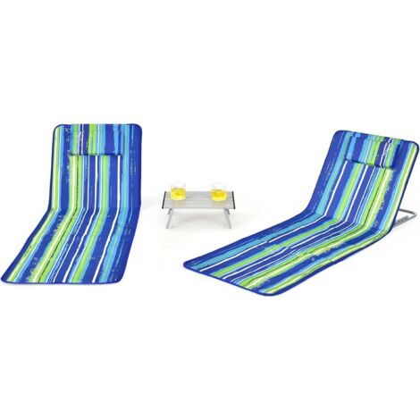 COSTWAY Ensemble de Tapis de Plage Pliables 2 pcs avec Table d’Appoint, Matelas de Plage avec Hauteur Réglable 27-47cm pour Camping Coloré
