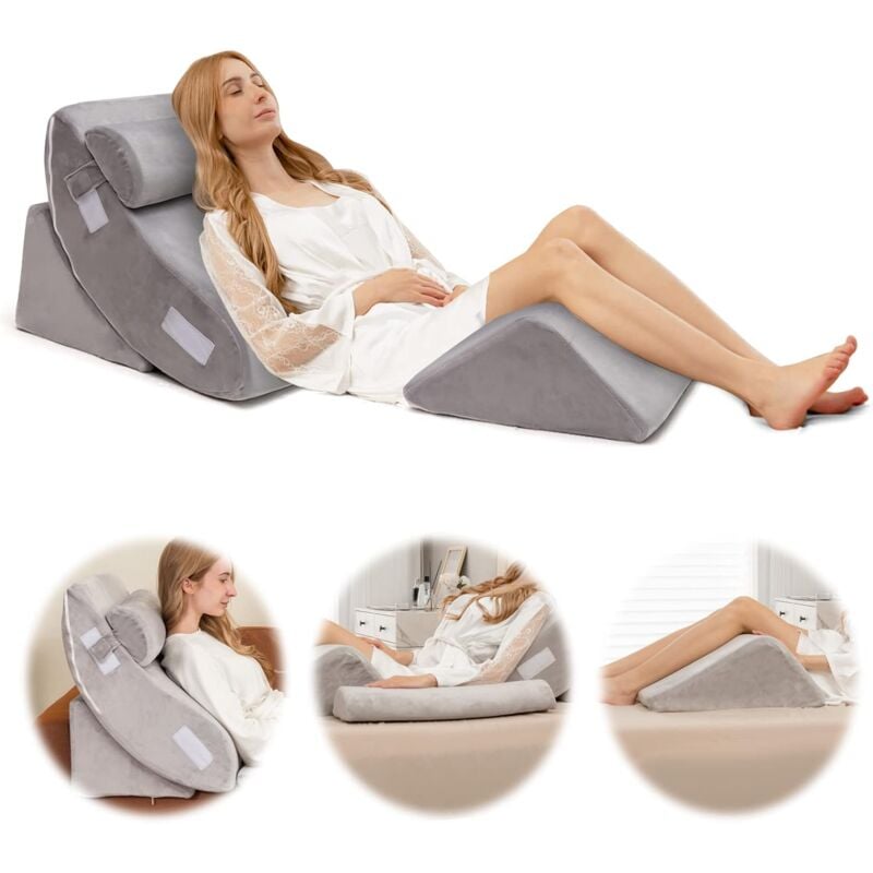 Costway - Ensemble d'Oreillers Compensés en Mousse à Mémoire, Oreiller de Lecture pour Lit avec Appuie-tête Amovible et Coussin Jambes Surélevé pour