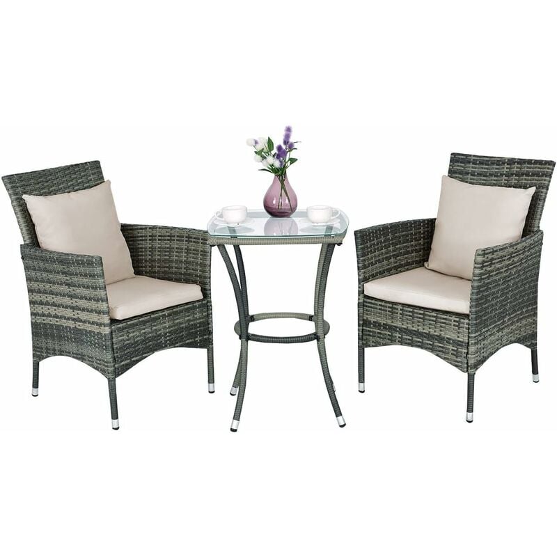 Ensemble Salon de Jardin 1 Table et 2 Chaises Résie Tressée Cadre en Métal avec 2 Coussins et 2 Oreillers Gris - Costway