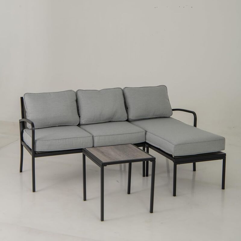 Ensemble Salon de Jardin 3 Pièces, Ensemble de Canapé Rembourré d'Extérieur avec Table Basse Cadre en Métal Robuste Tissu de Siège en Maille