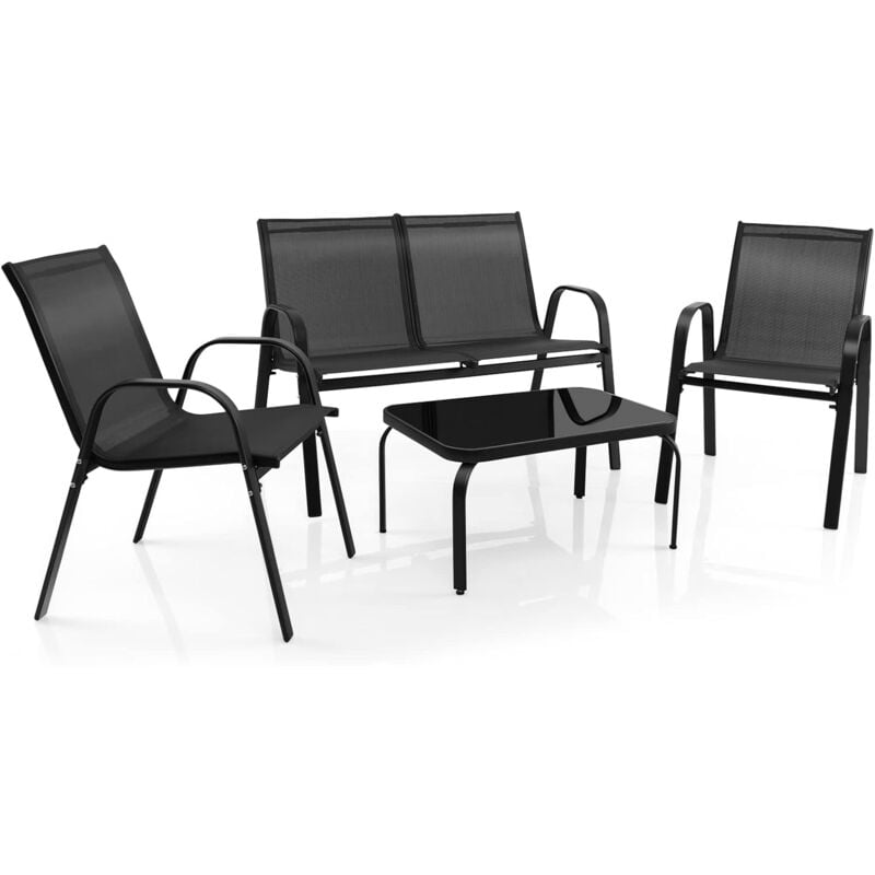 Ensemble Salon de Jardin 4 Pièces, 2 Fauteuils 1 Canapé 1 Table Basse en Verre, pour Terrasse, Piscine, Patio, Balcon, Gris - Costway