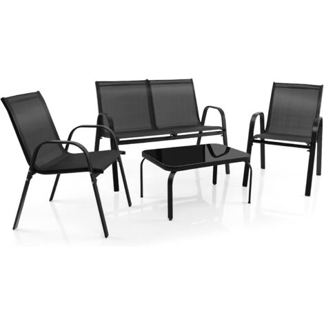 Costway – Ensemble salon de jardin 4 pièces – 2 fauteuils, 1 canapé, 1 table basse en verre – Acier antirouille, tissu respirant – Pour terrasse, balcon, piscine