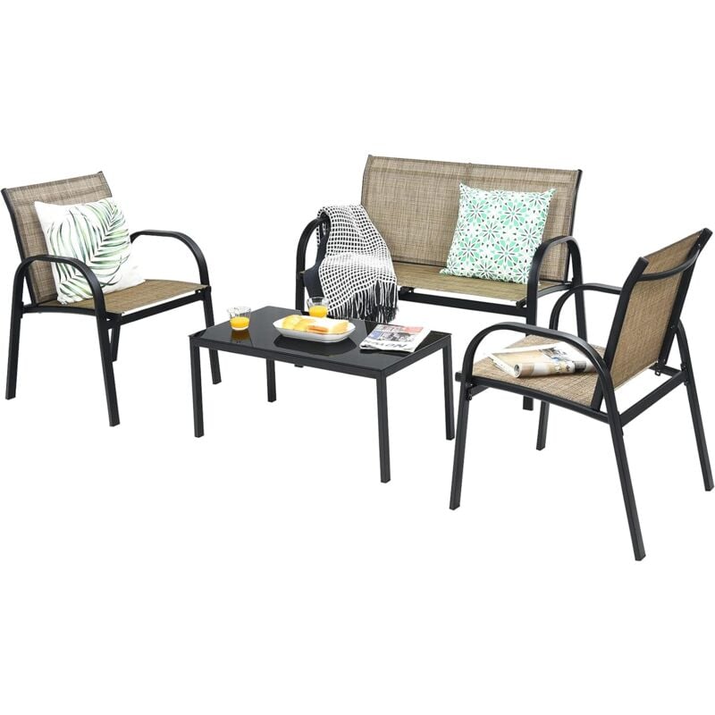 Costway - Ensemble Salon de Jardin 4 Pièces en Métal, 2 Fauteuils, Ensemble de Meubles de Patio 1 Causeuse 2 Chaises 1 Table Basse en Verre, pour