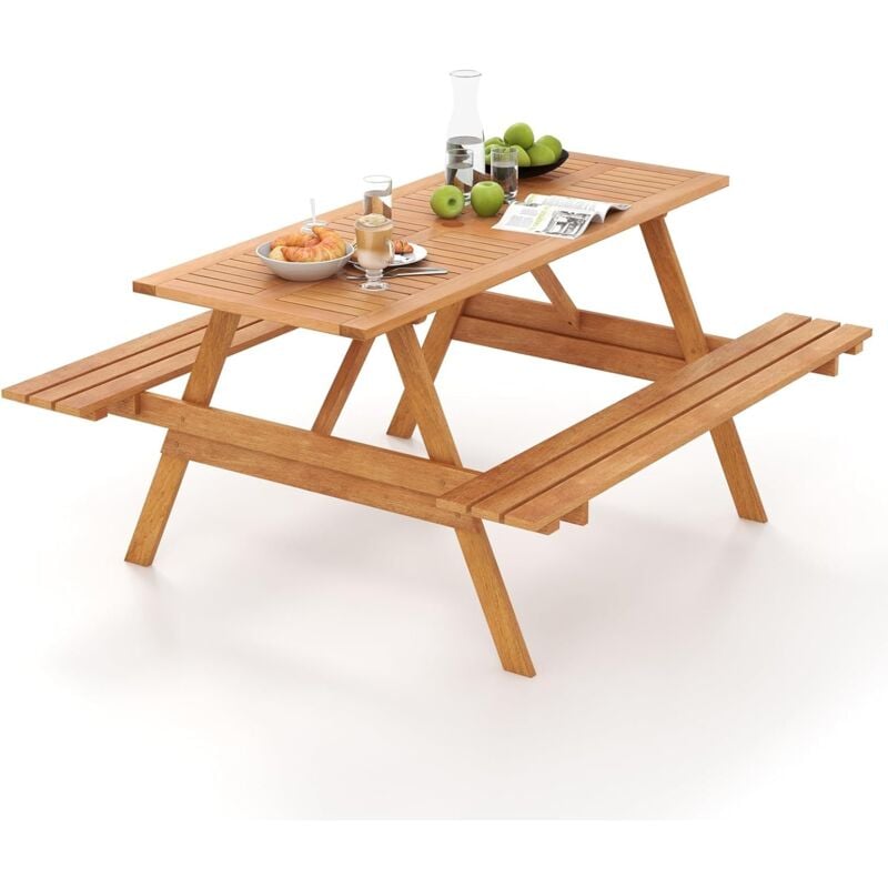 Ensemble Table de Pique-Nique avec 2 Bancs Intégrés, Ensemble de Jardin en Bois Dur pour 6 Personnes Table Charge 70KG, pour Jardin Piscine, 150 x