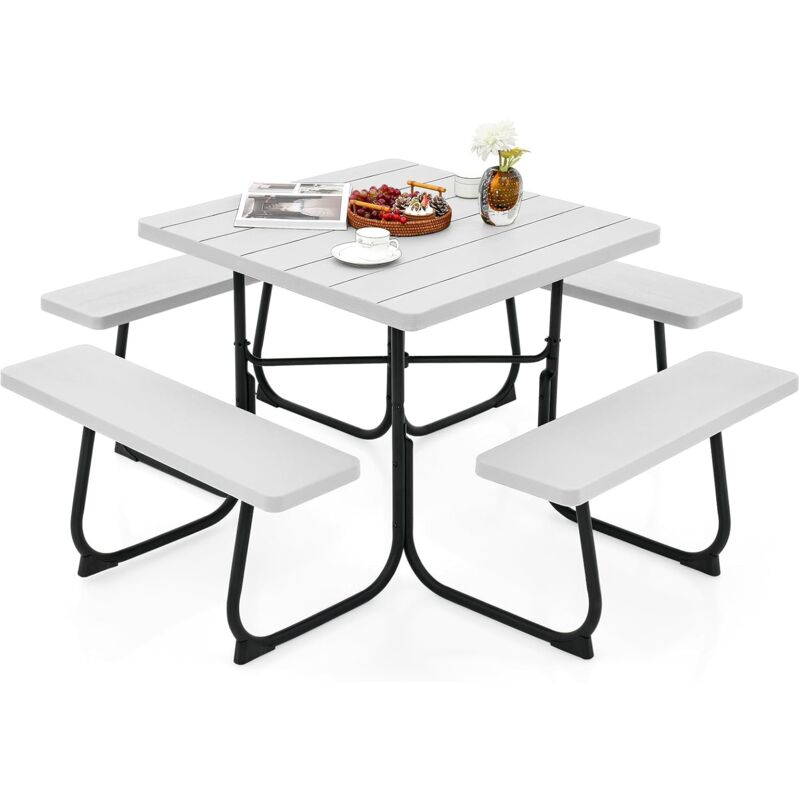 Ensemble Table de Pique-Nique avec 4 Bancs Intégrés, Ensemble de Jardin Table de Pique-Nique Carrée 135KG Trou pour Parasol, pour Jardin Piscine, 170