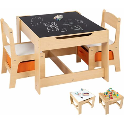 COSTWAY Ensemble Table et 2 Chaises Enfants/Table d'activité 3 en 1 avec Chaise Fonction de Stockage-Naturel