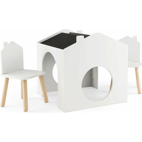 COSTWAY Ensemble Table et 2 Chaises pour Enfants en Forme de Maison, Table d’Activités avec Tableau Noir Incliné, Vert/Blanc