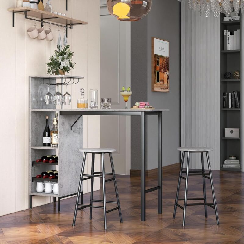 Costway - Table Haute Cuisine avec Tabouret, Mange Debout Industriel avec Porte-Verre Porte-Bouteilles, Table Bar avec Tabouret 2 Personnes Compact