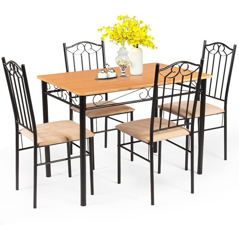 Ensemble Table et 4 Chaises, Table à Manger avec 4 Chaises Rembourrées, Cadre en Métal, pour Salle à Manger, Cuisine, Restaurant, Salon - Costway
