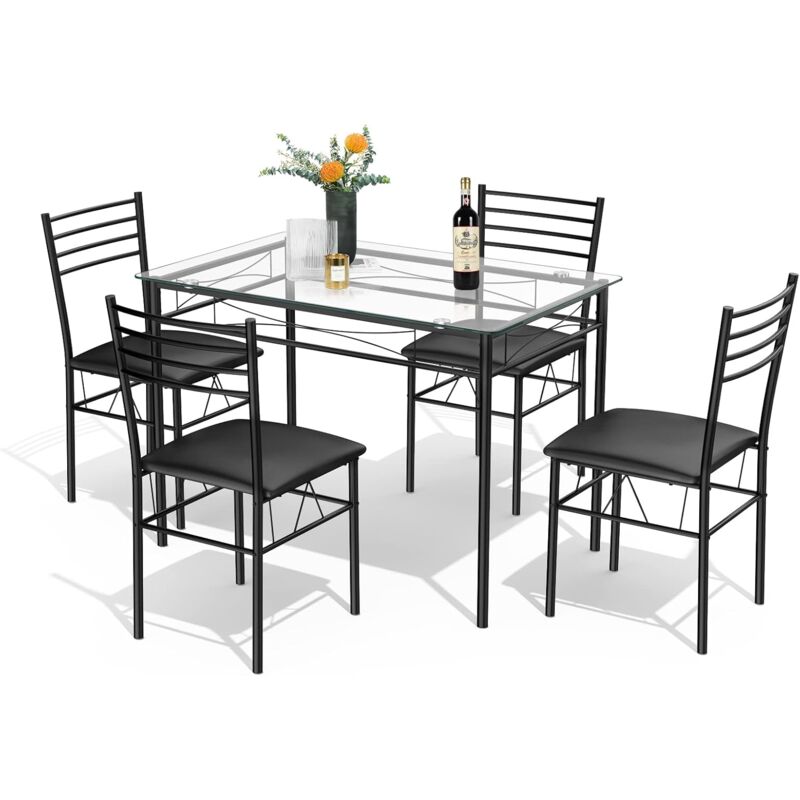 Ensemble Table et 4 Chaises, Table à Manger en Verre avec 4 Chaises Rembourrées, Cadre en Métal, Noir, pour Salle à Manger, Cuisine, Restaurant,