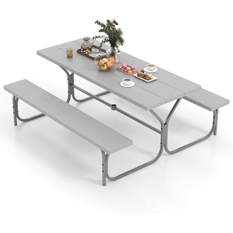 Ensemble Table et Bancs de Pique-Nique avec Cadre Métal, Ensemble de Jardin Imperméable pour 8 Personnes Banc Charge 250KG Trou pour Parasol, 183 x