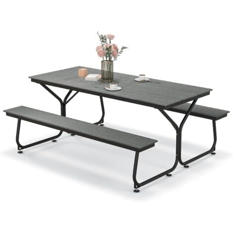 COSTWAY Ensemble Table et Bancs de Pique-Nique avec Cadre Métal, Ensemble de Jardin Imperméable pour 8 Personnes Banc Charge 500KG, pour Jardin Piscine, 183 x 150 x 76 cm (Gris)