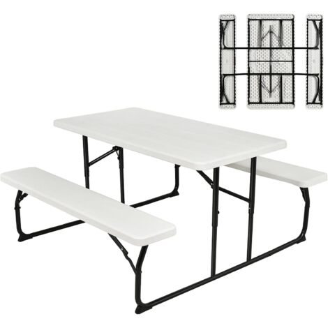 COSTWAY Ensemble Table et Bancs Pliant de Pique-Nique avec Cadre en Métal, Ensemble de Jardin Surface Imperméable Banc Charge 250KG pour 4 à 6 Personnes, pour Jardin Piscine (Blanc)