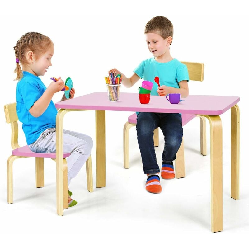 COSTWAY Ensemble Table et Chaise pour Enfant, Inclus 1 Table et 2 Chaises, Bonne Protection En Bois Courbé, Idéal pour l’Intérieur