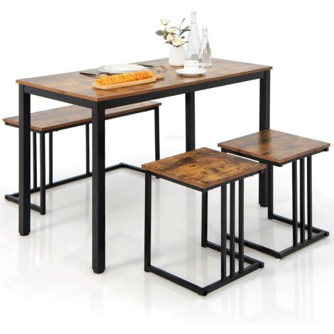 Costway – Ensemble table et chaises 4 pièces – Table industrielle 120x60cm – Banc et 2 tabourets – Structure métal antirouille – Pour cuisine et restaurant