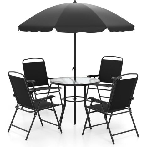 Costway – Ensemble table et chaises de jardin 6 pièces – Table ronde en verre trempé – 4 chaises pliantes ergonomiques – Parasol robuste 175cm