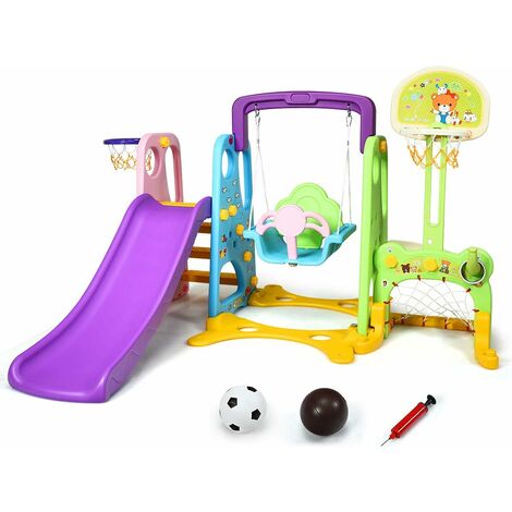 Costway – Ensemble toboggan 6 en 1 avec balançoire, panier de basket et but de foot – Plastique HDPE traité anti-UV – Dimensions 209x174x126 cm – Pour 3-8 ans
