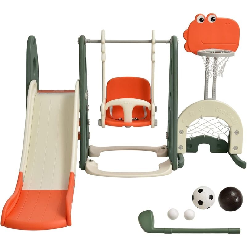 Ensemble Toboggan Balançoire 6 en 1 hdpe Basket-ball Football Escalade Golf pour Enfants 18 Mois+ Orange+Vert - Costway