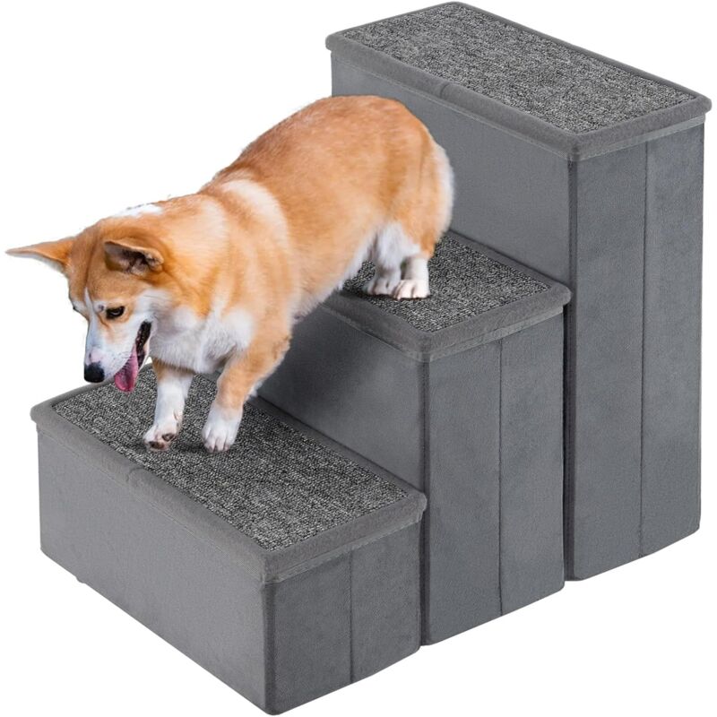 Escalier pour Chien Chat à 3 Marches, Rampe pour Chien Chat Pliable, Compartiments de Rangement Cachés, Fond Antidérapant, Marche pour Chien pour Lit