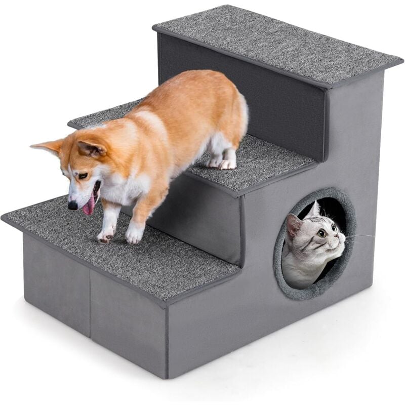 COSTWAY Escalier pour Chien Chat à 3 Marches, Rampe pour Chien Chat Pliable, Condo pour Chat Intégré, Fond Antidérapant, Marche pour Chien pour Lit